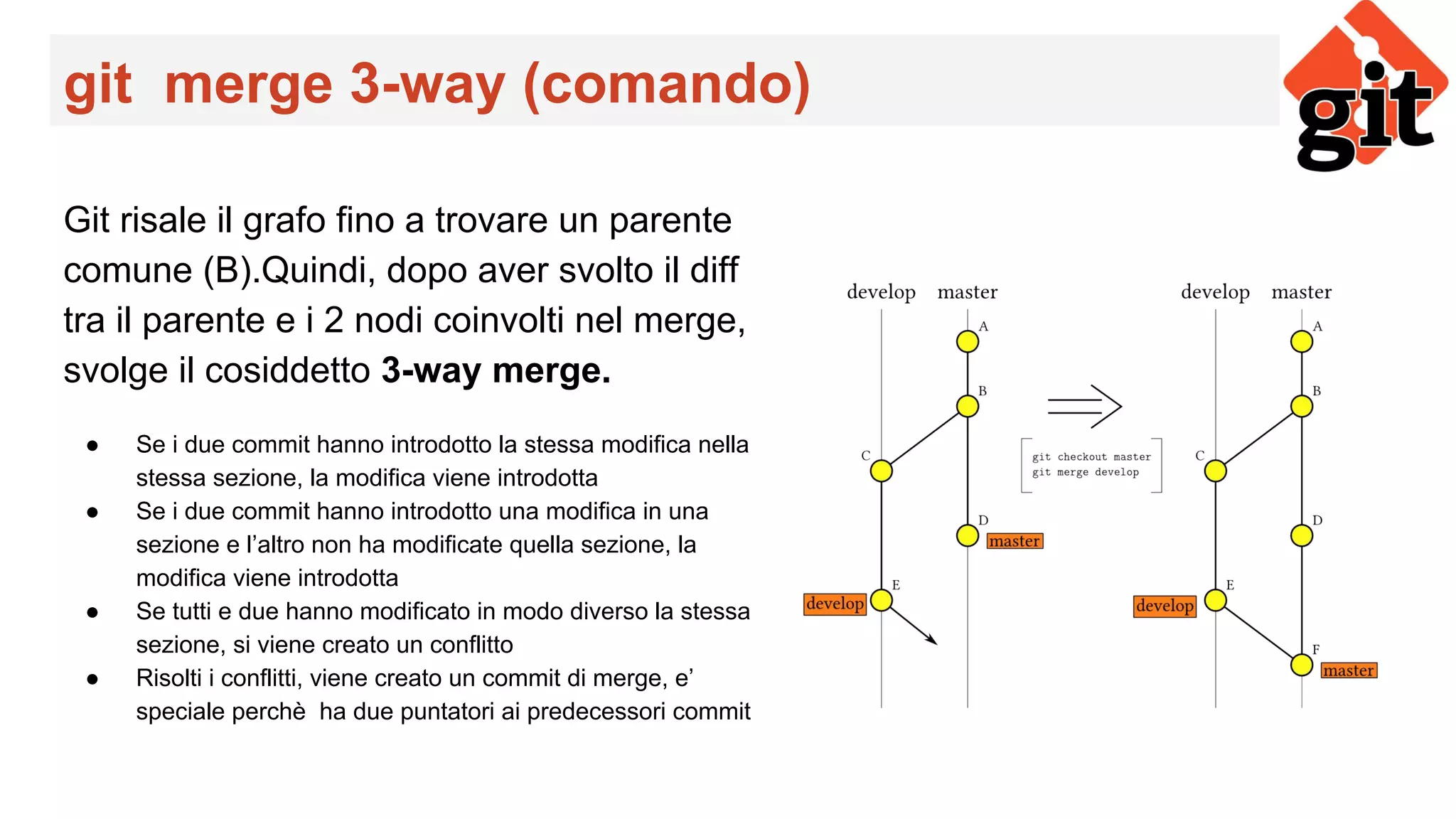 git merge 3-way (comando)
Git risale il grafo fino a trovare un parente
comune (B).Quindi, dopo aver svolto il diff
tra il parente e i 2 nodi coinvolti nel merge,
svolge il cosiddetto 3-way merge.
● Se i due commit hanno introdotto la stessa modifica nella
stessa sezione, la modifica viene introdotta
● Se i due commit hanno introdotto una modifica in una
sezione e l’altro non ha modificate quella sezione, la
modifica viene introdotta
● Se tutti e due hanno modificato in modo diverso la stessa
sezione, si viene creato un conflitto
● Risolti i conflitti, viene creato un commit di merge, e’
speciale perchè ha due puntatori ai predecessori commit
 