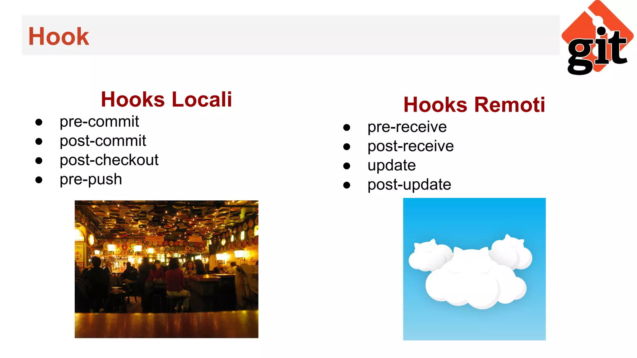 Hook
Hooks Locali
● pre-commit
● post-commit
● post-checkout
● pre-push
Hooks Remoti
● pre-receive
● post-receive
● update
● post-update
 