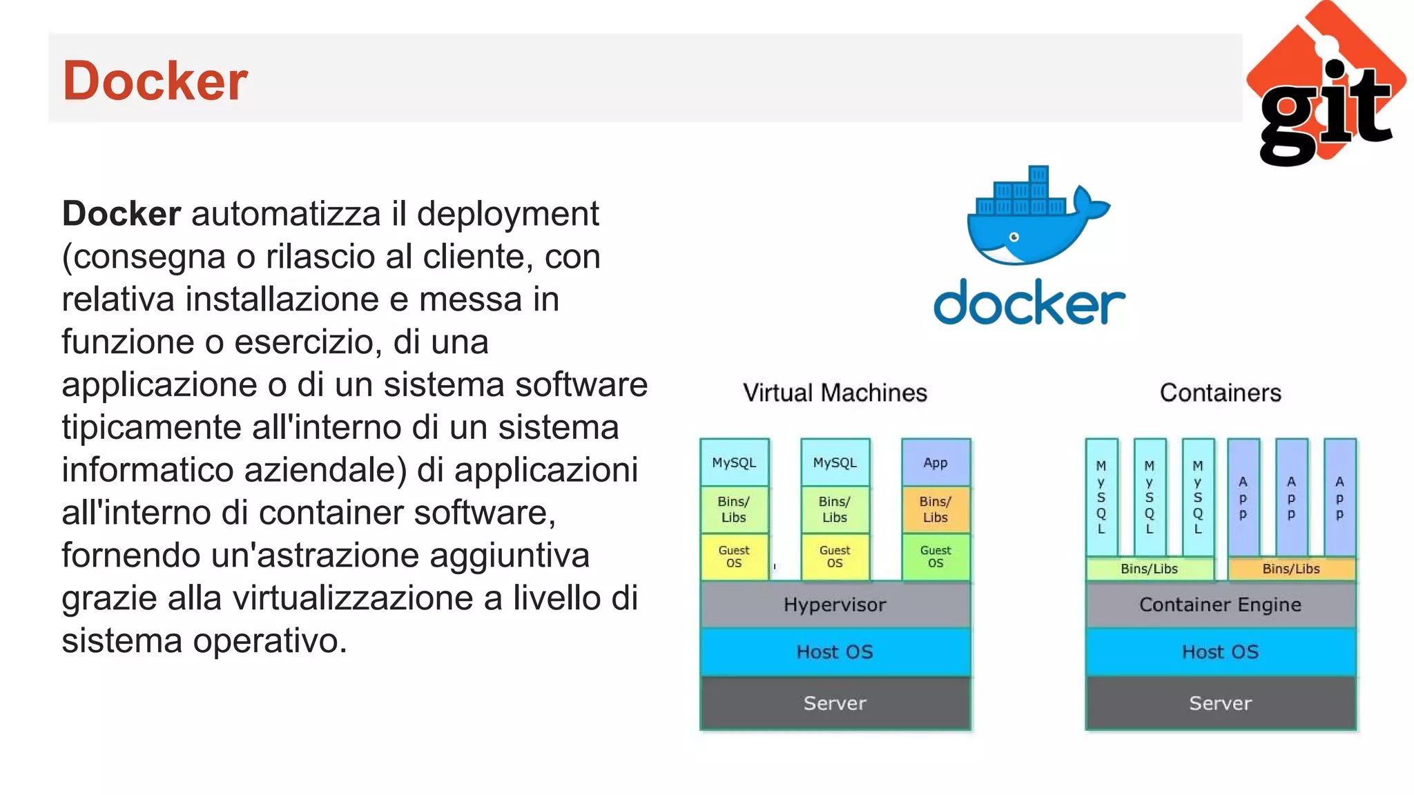 Docker
Docker automatizza il deployment
(consegna o rilascio al cliente, con
relativa installazione e messa in
funzione o esercizio, di una
applicazione o di un sistema software
tipicamente all'interno di un sistema
informatico aziendale) di applicazioni
all'interno di container software,
fornendo un'astrazione aggiuntiva
grazie alla virtualizzazione a livello di
sistema operativo.
 