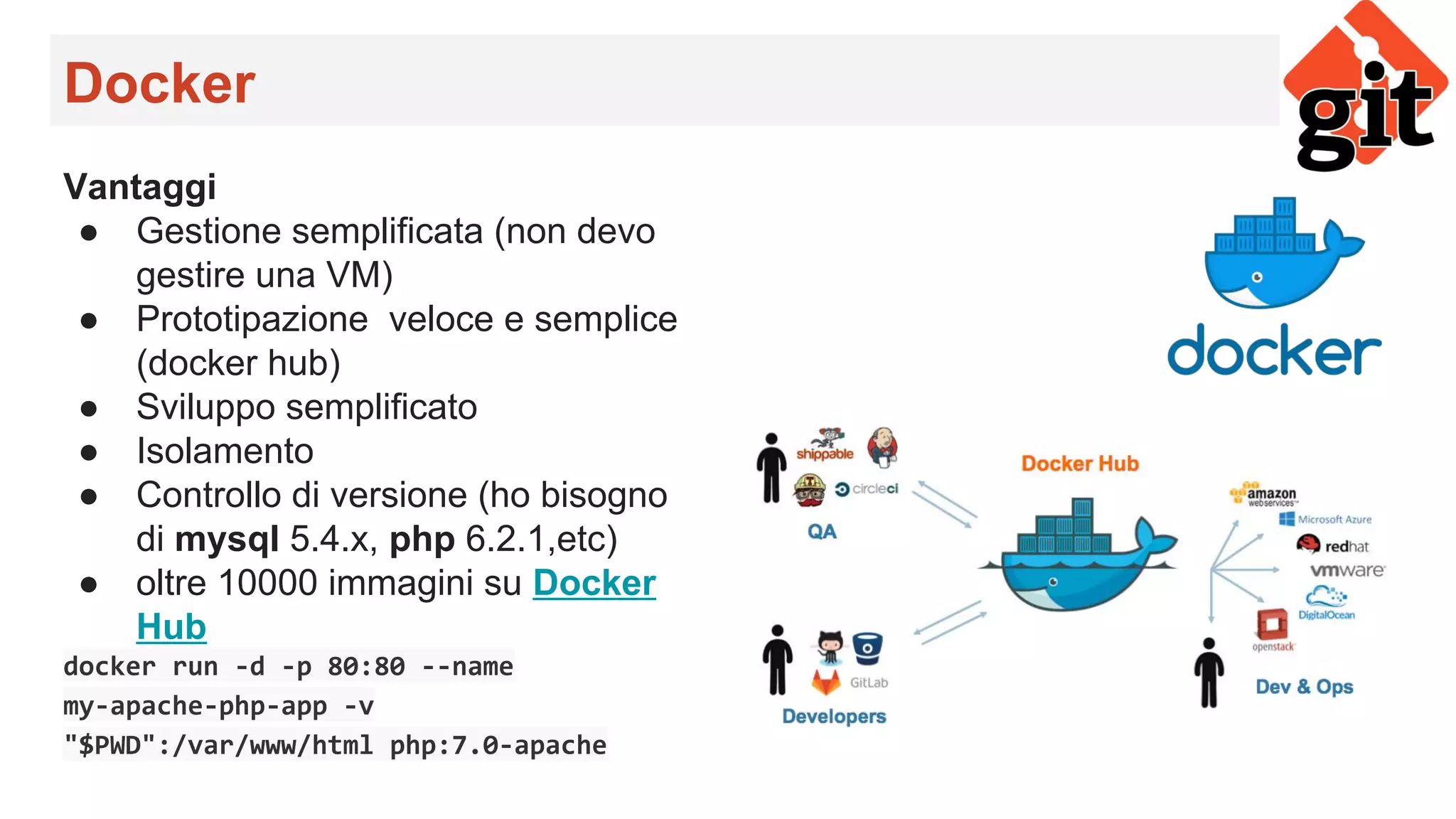 Docker
Vantaggi
● Gestione semplificata (non devo
gestire una VM)
● Prototipazione veloce e semplice
(docker hub)
● Sviluppo semplificato
● Isolamento
● Controllo di versione (ho bisogno
di mysql 5.4.x, php 6.2.1,etc)
● oltre 10000 immagini su Docker
Hub
docker run -d -p 80:80 --name
my-apache-php-app -v
"$PWD":/var/www/html php:7.0-apache
 
