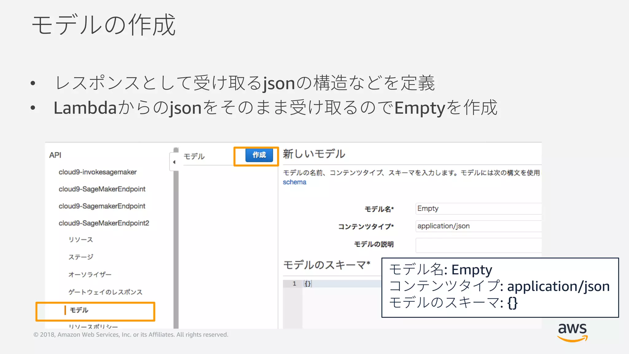 © 2018, Amazon Web Services, Inc. or its Affiliates. All rights reserved.
• json
• Lambda json Empty
: Empty
: application/json
: {}
 