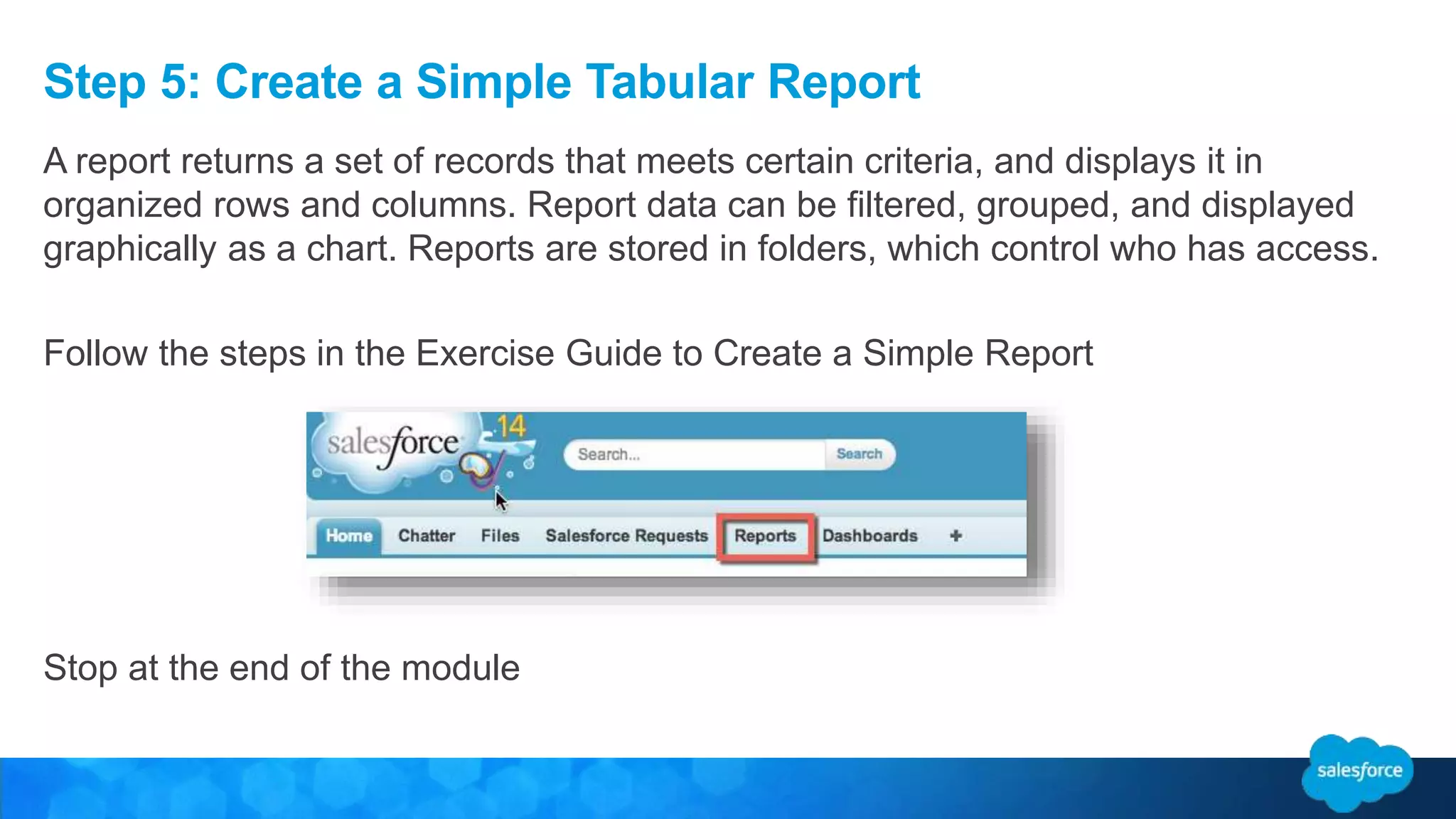 Step 5: Create a Simple Tabular Report
A report returns a set of records that meets certain criteria, and displays it in
organized rows and columns. Report data can be filtered, grouped, and displayed
graphically as a chart. Reports are stored in folders, which control who has access.
Follow the steps in the Exercise Guide to Create a Simple Report
Stop at the end of the module
 