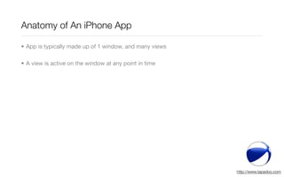 Anatomy of An iPhone App

• App is typically made up of 1 window, and many views

• A view is active on the window at any ...