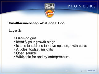 Smallbusinesscan what does it do Layer 2: Decision grid Identify your growth stage Issues to address to move up the growth curve Articles, toolset, insights Open source Wikipedia for and by entrepreneurs 