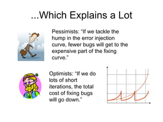 ...Which Explains a Lot Pessimists: “If we tackle the hump in the error injection curve, fewer bugs will get to the expensive part of the fixing curve.” Optimists: “If we do lots of short iterations, the total cost of fixing bugs will go down.” 