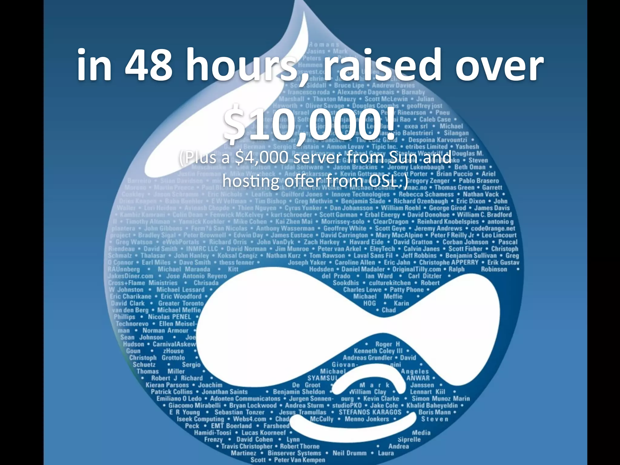 in  48  hours,  raised  over   $10,000!(Plus  a  $4,000  server  from  Sun  and   hos.ng  oﬀer  from  OSL.) 