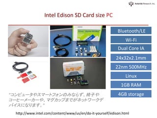 Intel	
  Edison	
  SD	
  Card	
  size	
  PC	
	
  Bluetooth/LE	
Wi-­‐Fi	
24x32x2.1mm	
22nm	
  500MHz	
  	
Linux	
1GB	
  RAM	
4GB	
  storage	
Dual	
  Core	
  IA	
“コンピュータやスマートフォンのみならず、椅子や
コーヒーメーカーや、マグカップまでがネットワークデ
バイスになります。”	
hHp://www.intel.com/content/www/us/en/do-­‐it-­‐yourself/edison.html	
 