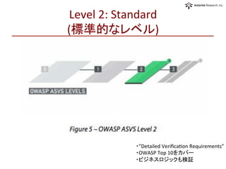 Level	
  2:	
  Standard	
  
(標準的なレベル)	
・”Detailed	
  VeriﬁcaOon	
  Requirements”	
  
・OWASP	
  Top	
  10をカバー	
  
・ビジネスロジックも検証	
 