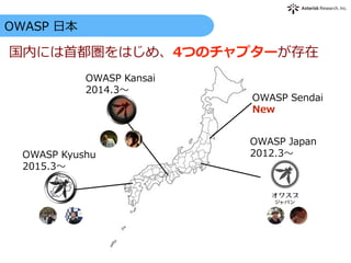 OWASP  Kyushu
2015.3〜～
OWASP  Kansai
2014.3〜～
OWASP  Japan
2012.3〜～
OWASP  Sendai
New
国内には⾸首都圏をはじめ、4つのチャプターが存在
  OWASP  ⽇日本
 