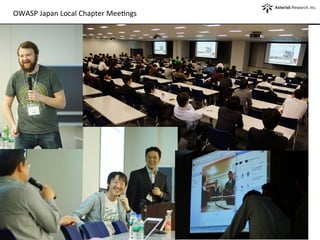 22	
  
OWASP	
  Japan	
  Local	
  Chapter	
  MeeOngs	
  
Reasons	
  for	
  holding	
  OWASP	
  Global	
  AppSec	
  in	
  Japan	
  –	
  OWASP	
  Japan	
  Local	
  Chapter	
  –	
  2013.3.1	
  
 