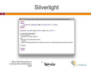 Silverlight27Nikos Dimitrakopoulos on IronRuby Microsoft DevDays 2009