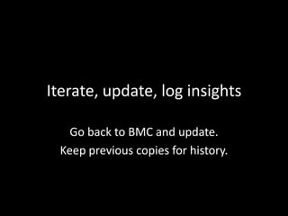 Iterate, update, log insights
Go back to BMC and update.
Keep previous copies for history.

 