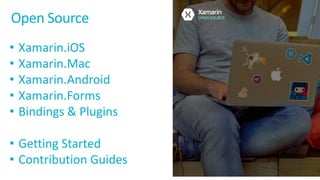 Open	Source
• Xamarin.iOS
• Xamarin.Mac
• Xamarin.Android
• Xamarin.Forms
• Bindings	&	Plugins
• Getting	Started
• Contribution	Guides
 