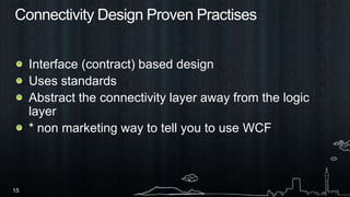 Connectivity Design Proven PractisesInterface (contract) based designUses standardsAbstract the connectivity layer away from the logic layer* non marketing way to tell you to use WCF