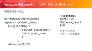 © 2018, Amazon Web Services, Inc. or its Affiliates. All rights reserved.
Amazon Rekognition API Python
rek = boto3.client('rekognition’)
response = rek.detect_faces(
Image={ 'S3Object’:
{ 'Bucket’: bucket_name,
'Name’: photo_name
}
},
Attributes=['ALL'] )
Rekognition
client
detect_faces
 
