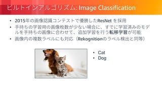 © 2018, Amazon Web Services, Inc. or its Affiliates. All rights reserved.
Image Classification
• 2015 ResNet
•
• Rekognition
• Cat
• Dog
 