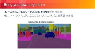 © 2018, Amazon Web Services, Inc. or its Affiliates. All rights reserved.
Bring your own algorithm
•Tensorflow, Chainer, PyTorch, MXNet
•
Semantic Segmentation
 