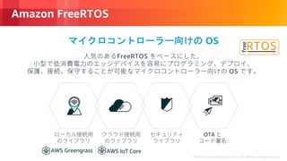 © 2018, Amazon Web Services, Inc. or its Affiliates. All rights reserved.
Amazon FreeRTOS
FreeRTOS
OS
OS
OTA
AWS Greengrass AWS IoT Core
 