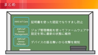 © 2018, Amazon Web Services, Inc. or its Affiliates. All rights reserved.
AWS IoT
Device
Defender
AWS IoT Core
AWS IoT
Device
Management
 