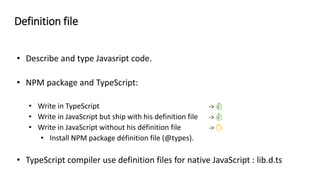 👌
👌
✋
• TypeScript compiler use definition files for native JavaScript : lib.d.ts
Definition file
 