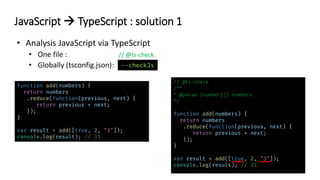 // @ts-check
JavaScript → TypeScript : solution 1
function add(numbers) {
return numbers
.reduce(function(previous, next) {
return previous + next;
});
}
var result = add([true, 2, "3"]);
console.log(result); // 33
// @ts-check
/**
* @param {number[]} numbers
*/
function add(numbers) {
return numbers
.reduce(function(previous, next) {
return previous + next;
});
}
var result = add([true, 2, "3"]);
console.log(result); // 33
--checkJs
 