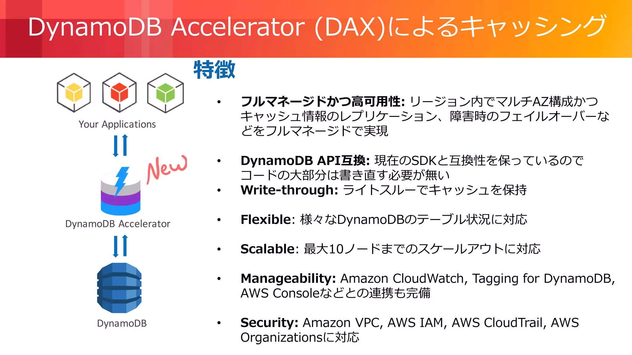 © 2018, Amazon Web Services, Inc. or its Affiliates. All rights reserved.
• フルマネージドかつ高可用性: リージョン内でマルチAZ構成かつ
キャッシュ情報のレプリケーション、障害時のフェイルオーバーな
どをフルマネージドで実現
• DynamoDB API互換: 現在のSDKと互換性を保っているので
コードの大部分は書き直す必要が無い
• Write-through: ライトスルーでキャッシュを保持
• Flexible: 様々なDynamoDBのテーブル状況に対応
• Scalable: 最大10ノードまでのスケールアウトに対応
• Manageability: Amazon CloudWatch, Tagging for DynamoDB,
AWS Consoleなどとの連携も完備
• Security: Amazon VPC, AWS IAM, AWS CloudTrail, AWS
Organizationsに対応
特徴
DynamoDB Accelerator (DAX)によるキャッシング
DynamoDB
Your Applications
DynamoDB Accelerator
 