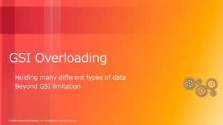 © 2018, Amazon Web Services, Inc. or its Affiliates. All rights reserved.
GSI Overloading
Holding many different types of data
Beyond GSI limitation
 