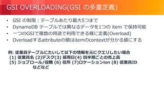 © 2018, Amazon Web Services, Inc. or its Affiliates. All rights reserved.
GSI OVERLOADING(GSI の多重定義)
• GSI の制限：テーブルあたり最大5つまで
• DynamoDB テーブルでは異なるデータを1つの item で保持可能
• 一つのGSIで複数の用途で利用できる様に定義(Overload)
• Overloadするattributeの値はitemのcontextが分かる値にする
例: 従業員テーブルにたいして以下の情報を元にクエリしたい場合
(1) 従業員名 (2)デスク(3) 採用日(4) 四半期ごとの売上高
(5) ジョブロール/役職 (6) 住所 (7)ロケーションion (8) 従業員ID
などなど
 