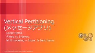 © 2018, Amazon Web Services, Inc. or its Affiliates. All rights reserved.
Vertical Pertitioning
(メッセージアプリ)
Large Items
Filters vs Indexes
M:N modeling – Inbox & Sent Items
 