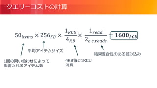 © 2018, Amazon Web Services, Inc. or its Affiliates. All rights reserved.
クエリーコストの計算
1回の問い合わせによって
取得されるアイテム数
平均アイテムサイズ
4KB毎に1RCU
消費
結果整合性のある読み込み
 