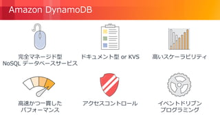 © 2018, Amazon Web Services, Inc. or its Affiliates. All rights reserved.
Amazon DynamoDB
ドキュメント型 or KVS 高いスケーラビリティ完全マネージド型
NoSQL データベースサービス
アクセスコントロール イベントドリブン
プログラミング
高速かつ一貫した
パフォーマンス
 