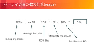 © 2018, Amazon Web Services, Inc. or its Affiliates. All rights reserved.
パーティション数の計算(reads)
Items per partition
Average item size
RCU Size
Requests per second
100 K * 0.2 KB / 4 KB * 10 / 3000 =
Partition max RCU
~ 17
 