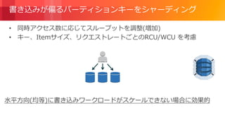 © 2018, Amazon Web Services, Inc. or its Affiliates. All rights reserved.
書き込みが偏るパーティションキーをシャーディング
• 同時アクセス数に応じてスループットを調整(増加)
• キー、Itemサイズ、リクエストレートごとのRCU/WCU を考慮
水平方向(均等)に書き込みワークロードがスケールできない場合に効果的
 
