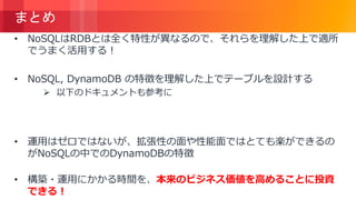 © 2018, Amazon Web Services, Inc. or its Affiliates. All rights reserved.
まとめ
• NoSQLはRDBとは全く特性が異なるので、それらを理解した上で適所
でうまく活用する！
• NoSQL, DynamoDB の特徴を理解した上でテーブルを設計する
 以下のドキュメントも参考に
https://docs.aws.amazon.com/ja_jp/amazondynamodb/latest/d
eveloperguide/best-practices.html
• 運用はゼロではないが、拡張性の面や性能面ではとても楽ができるの
がNoSQLの中でのDynamoDBの特徴
• 構築・運用にかかる時間を、本来のビジネス価値を高めることに投資
できる！
 