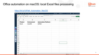 9
Office automation on macOS: local Excel files processing
https://bit.ly/UiPath_Automation_MacOS
 