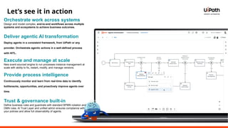 Let’s see it in action
Orchestrate work across systems
Design and model complex, end-to-end workflows across multiple
systems and ecosystems to achieve business outcomes.
Deliver agentic AI transformation
Deploy agents in a consistent framework, from UiPath or any
provider. Orchestrate agentic actions in a well-defined process
with HITL.
Execute and manage at scale
New event-sourced engine to run processes instance management at
scale with ability to fix, restart, modify, and manage versions.
Provide process intelligence
Continuously monitor and learn from real-time data to identify
bottlenecks, opportunities, and proactively improve agents over
time.
Trust & governance built-in
Define business rules and guardrails with standard BPMN notation and
DMN rules. AI Trust Layer and unified admin ensures compliance with
your policies and allow full observability of agents.
 