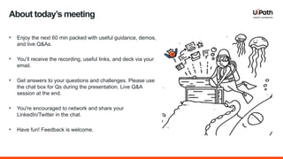 About today’s meeting
• Enjoy the next 60 min packed with useful guidance, demos,
and live Q&As.
• You’ll receive the recording, useful links, and deck via your
email.
• Get answers to your questions and challenges. Please use
the chat box for Qs during the presentation. Live Q&A
session at the end.
• You're encouraged to network and share your
LinkedIn/Twitter in the chat.
• Have fun! Feedback is welcome.
 
