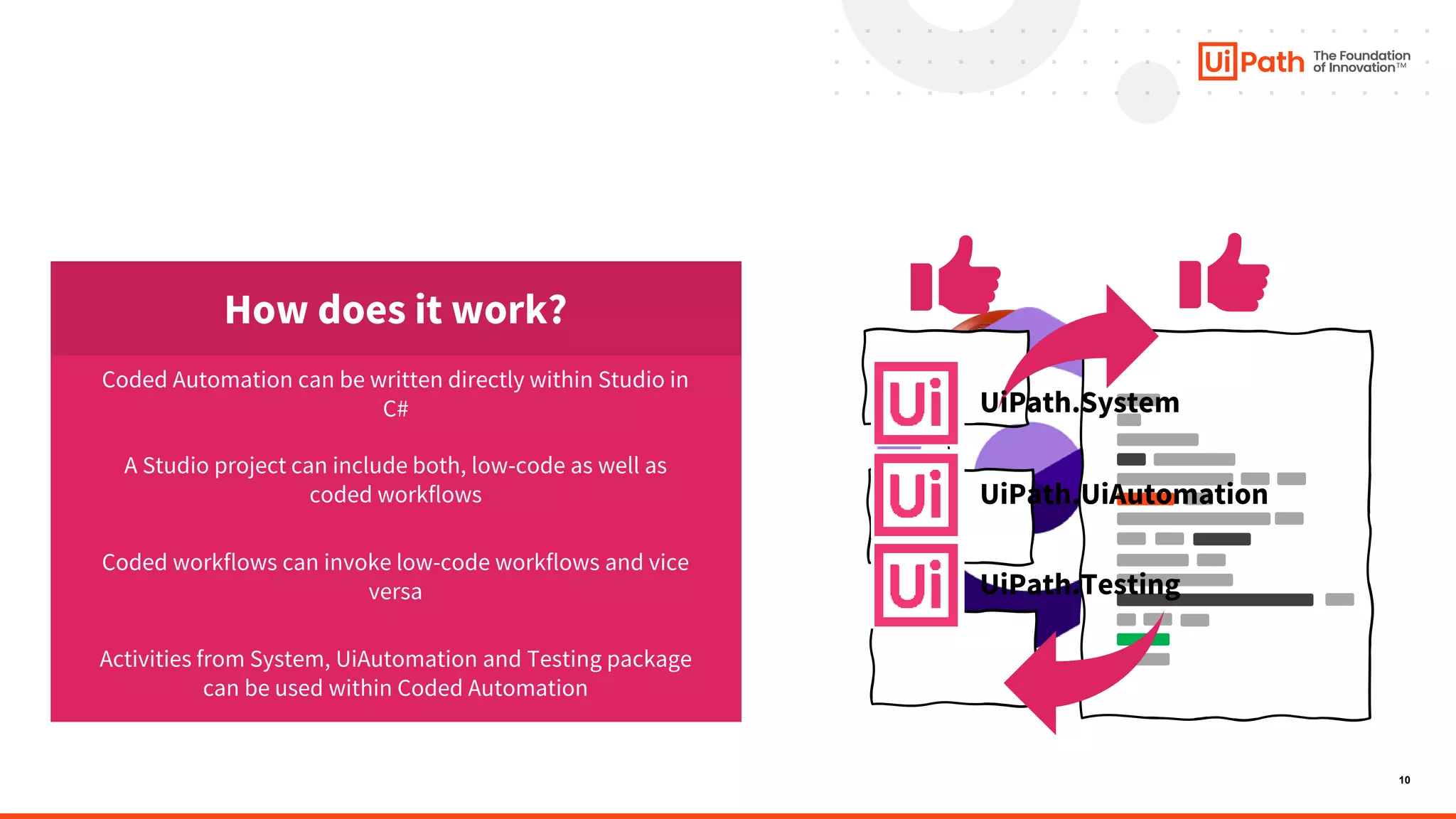 10
How does it work?
Coded Automation can be written directly within Studio in
C#
A Studio project can include both, low-code as well as
coded workflows
Coded workflows can invoke low-code workflows and vice
versa
Activities from System, UiAutomation and Testing package
can be used within Coded Automation
UiPath.System
UiPath.UiAutomation
UiPath.Testing
 