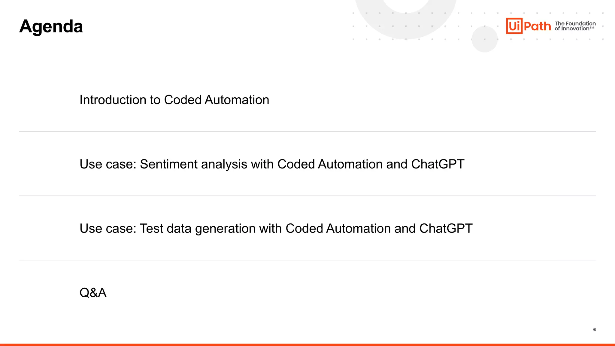 6
Agenda
Introduction to Coded Automation
Use case: Sentiment analysis with Coded Automation and ChatGPT
Use case: Test data generation with Coded Automation and ChatGPT
Q&A
 