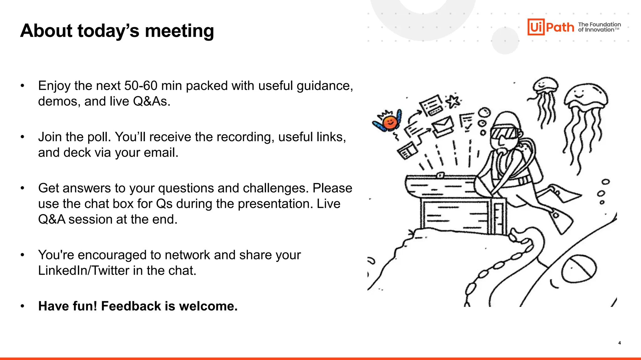 4
About today’s meeting
• Enjoy the next 50-60 min packed with useful guidance,
demos, and live Q&As.
• Join the poll. You’ll receive the recording, useful links,
and deck via your email.
• Get answers to your questions and challenges. Please
use the chat box for Qs during the presentation. Live
Q&A session at the end.
• You're encouraged to network and share your
LinkedIn/Twitter in the chat.
• Have fun! Feedback is welcome.
 
