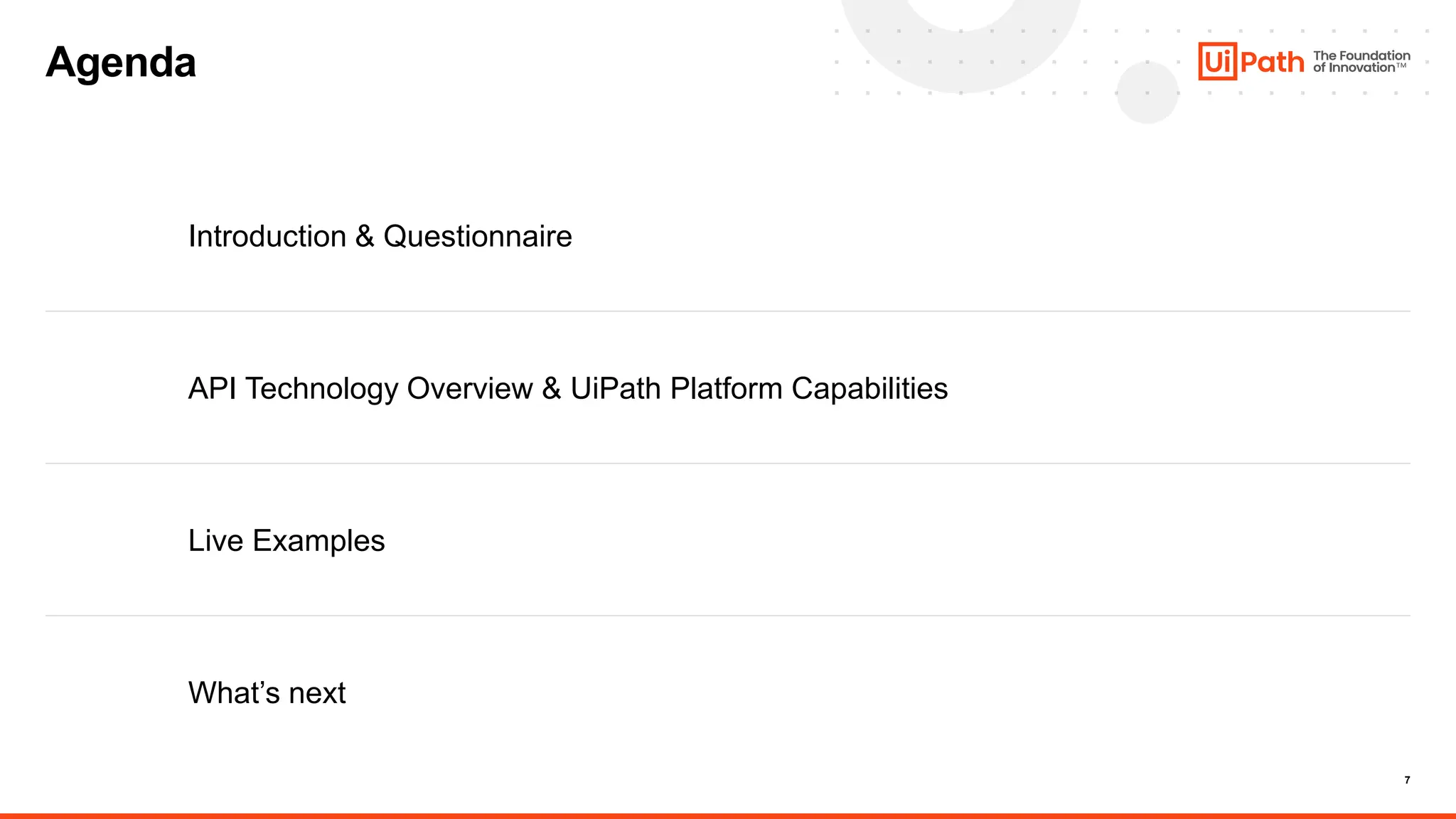 7
Agenda
Introduction & Questionnaire
API Technology Overview & UiPath Platform Capabilities
Live Examples
What’s next
 