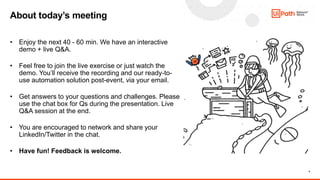 4
About today’s meeting
• Enjoy the next 40 - 60 min. We have an interactive
demo + live Q&A.
• Feel free to join the live exercise or just watch the
demo. You’ll receive the recording and our ready-to-
use automation solution post-event, via your email.
• Get answers to your questions and challenges. Please
use the chat box for Qs during the presentation. Live
Q&A session at the end.
• You are encouraged to network and share your
LinkedIn/Twitter in the chat.
• Have fun! Feedback is welcome.
 