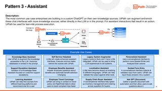 14
Pattern 3 - Assistant
Description:
The most common use case enterprises are building is a custom ChatGPT on their own knowledge sources. UiPath can augment and enrich
these chat interfaces with more knowledge sources, either directly in the LLM or in the prompt. For assistant interactions that result in an action,
UiPath be used for last-mile process execution.
LLM
System 1
System 2
System 3
System 4
Do
Conversational
Interface
Human
Knowledge
Response
Action
OR
Human in
the loop
Example Use Cases
Knowledge Base Assistant
Use UiPath to augment the knowledge
accessible to the LLM. Vectorize
databases or embed in the prompt.
Support Escalation Assistant
Variation of a Knowledge Base
Assistant focused on customer support
escalations.
Learning Assistant
UiPath can help find courses from
different learning platforms and
recommend one for a user
Self Service Helpdesk
LLMs will create enhanced assistant
interfaces. Execute common tasks
behind the scenes with UiPath.
Employee Benefits Assistant
Answer employee questions about
benefits and automate benefit selection
/ changing
Employee Travel Concierge
UiPath can bring in context on travel
policy and flight/hotel data to allow
users to book compliant trips faster
Legacy System Augmenter
Legacy systems likely won’t have LLMs
integrated. UiPath can be used to bring
LLM experiences to old systems.
Localization Assistant
LLMs have become decent at localizing
to different languages. UiPath can help
validate the output against other tools
Supply Chain Buyer Assistant
A conversational interface help speed
up inventory management and ordering
across suppliers for buyers
Personalized Assistant
Use a conversational interface to
perform more Reader/Writer and
Analyzer/Doer actions
Guided Form Entry
A conversational interface collects &
validates input from users. UiPath can
input those answers into a system.
Ask GPT (Document)
Gather a specific document with
automation and then allow users to ask
questions about it
 