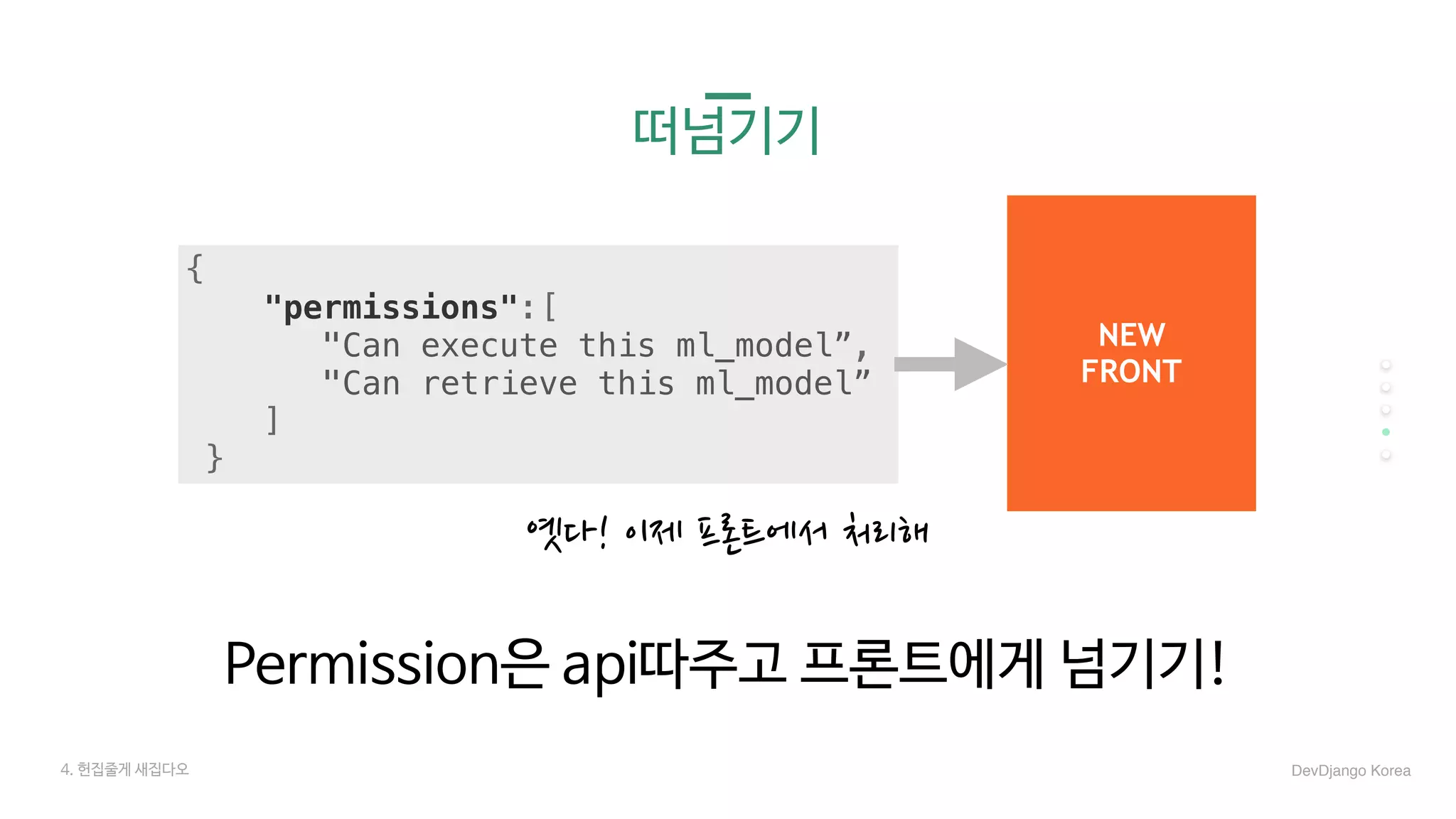 떠넘기기
Permission은 api따주고 프론트에게 넘기기!
DevDjango Korea4. 헌집줄게 새집다오
{  
              "permissions":[  
                 "Can execute this ml_model”,
                 "Can retrieve this ml_model”
              ]
           }
옛다! 이제 프론트에서 처리해
NEW
FRONT
 