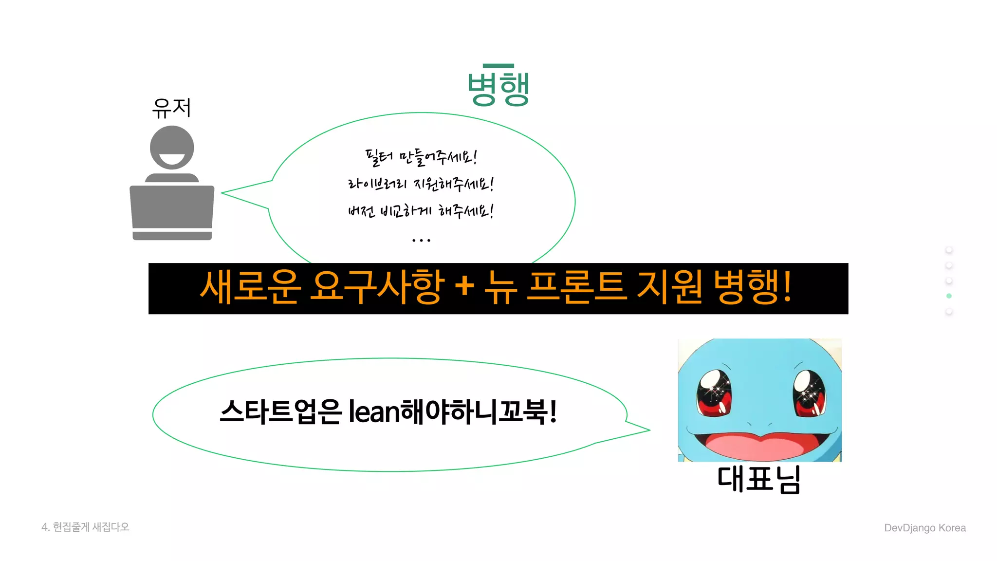 병행
대표님
스타트업은 lean해야하니꼬북!
필터 만들어주세요!
라이브러리 지원해주세요!
버전 비교하게 해주세요!
…
새로운 요구사항 + 뉴 프론트 지원 병행!
유저
4. 헌집줄게 새집다오 DevDjango Korea
 