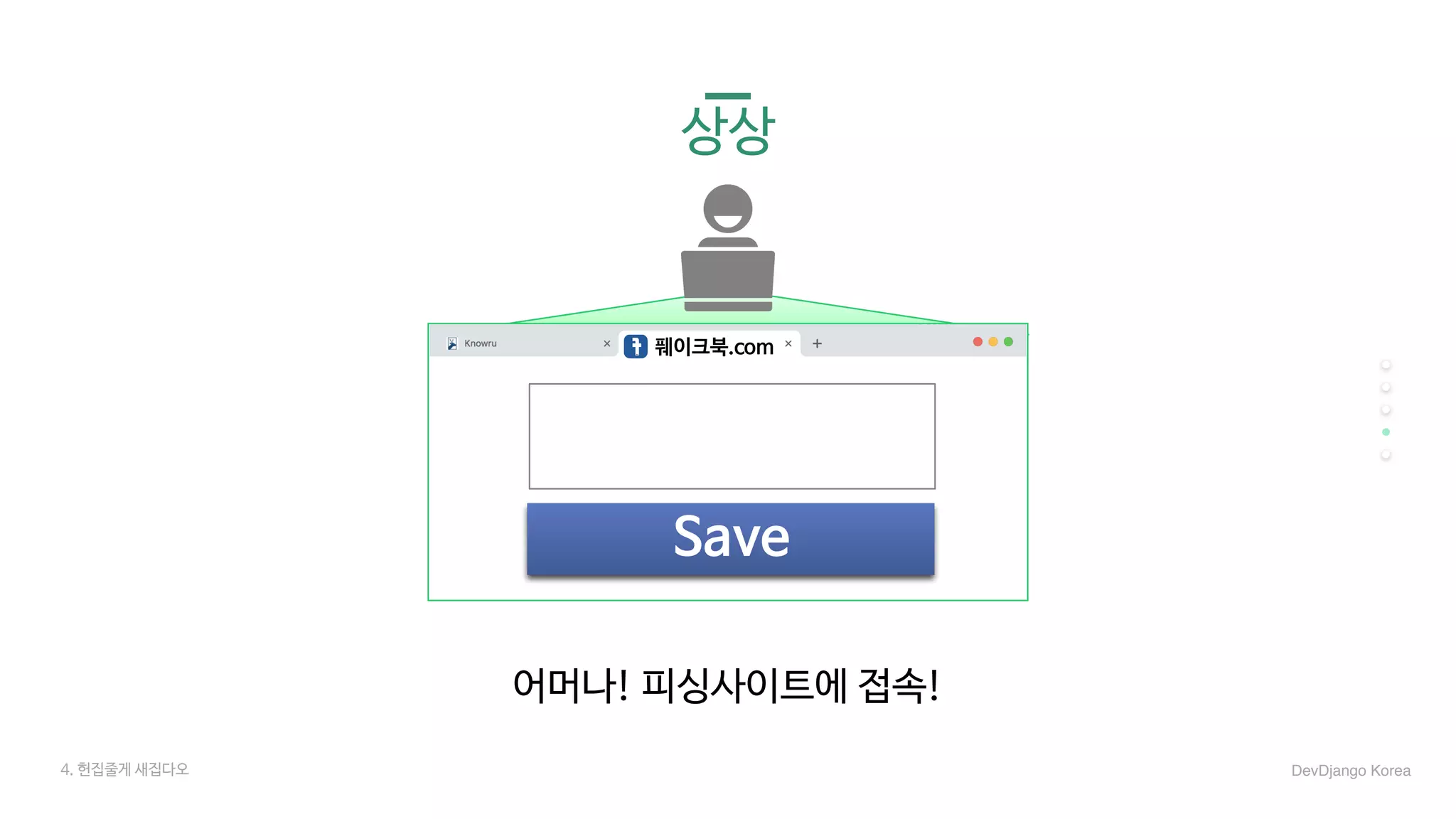 4. 헌집줄게 새집다오 DevDjango Korea
어머나! 피싱사이트에 접속!
풰이크북.com
Save
상상
 