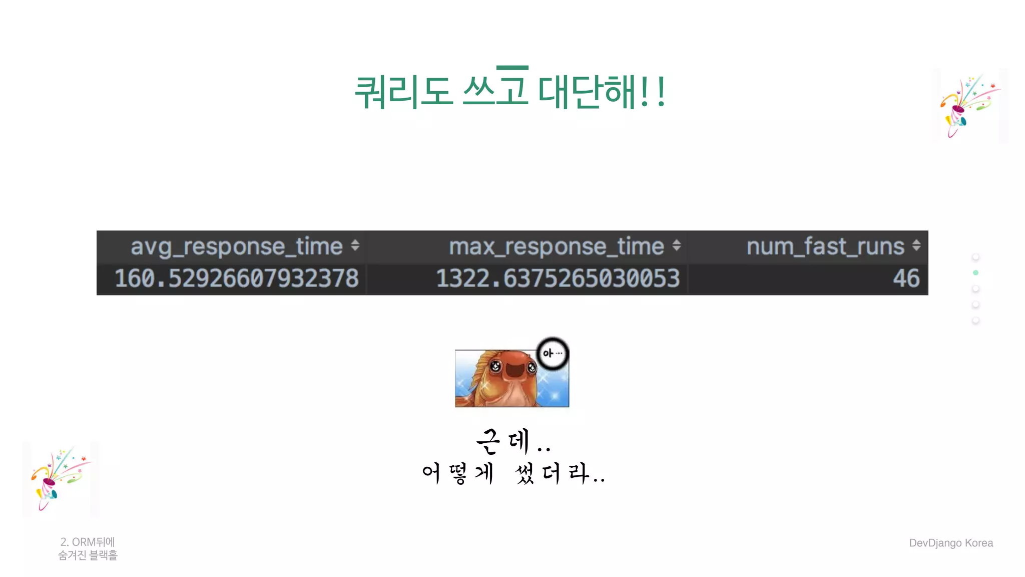쿼리도 쓰고 대단해!!
2. ORM뒤에 

숨겨진 블랙홀
근데..		
어떻게	썼더라..
DevDjango Korea
 