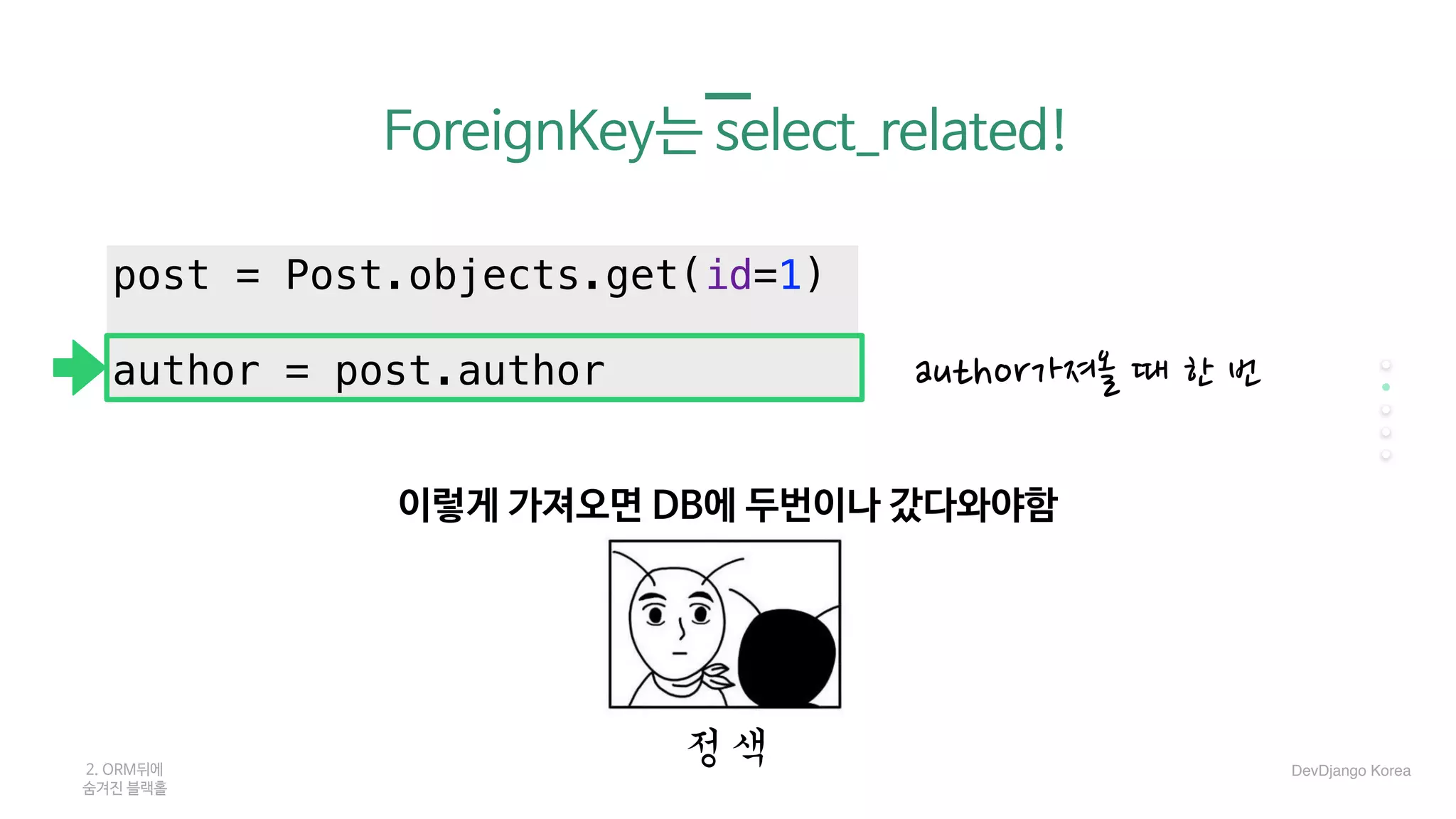 ForeignKey는 select_related!
post = Post.objects.get(id=1)
author = post.author
2. ORM뒤에 

숨겨진 블랙홀
author가져올 때 한 번
이렇게 가져오면 DB에 두번이나 갔다와야함

정색	 DevDjango Korea
 
