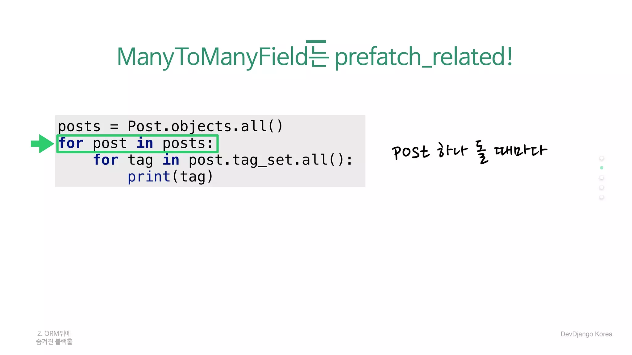 ManyToManyField는 prefatch_related!

posts = Post.objects.all()
for post in posts:
for tag in post.tag_set.all():
print(tag)
2. ORM뒤에 

숨겨진 블랙홀
post 하나 돌 때마다
DevDjango Korea
 
