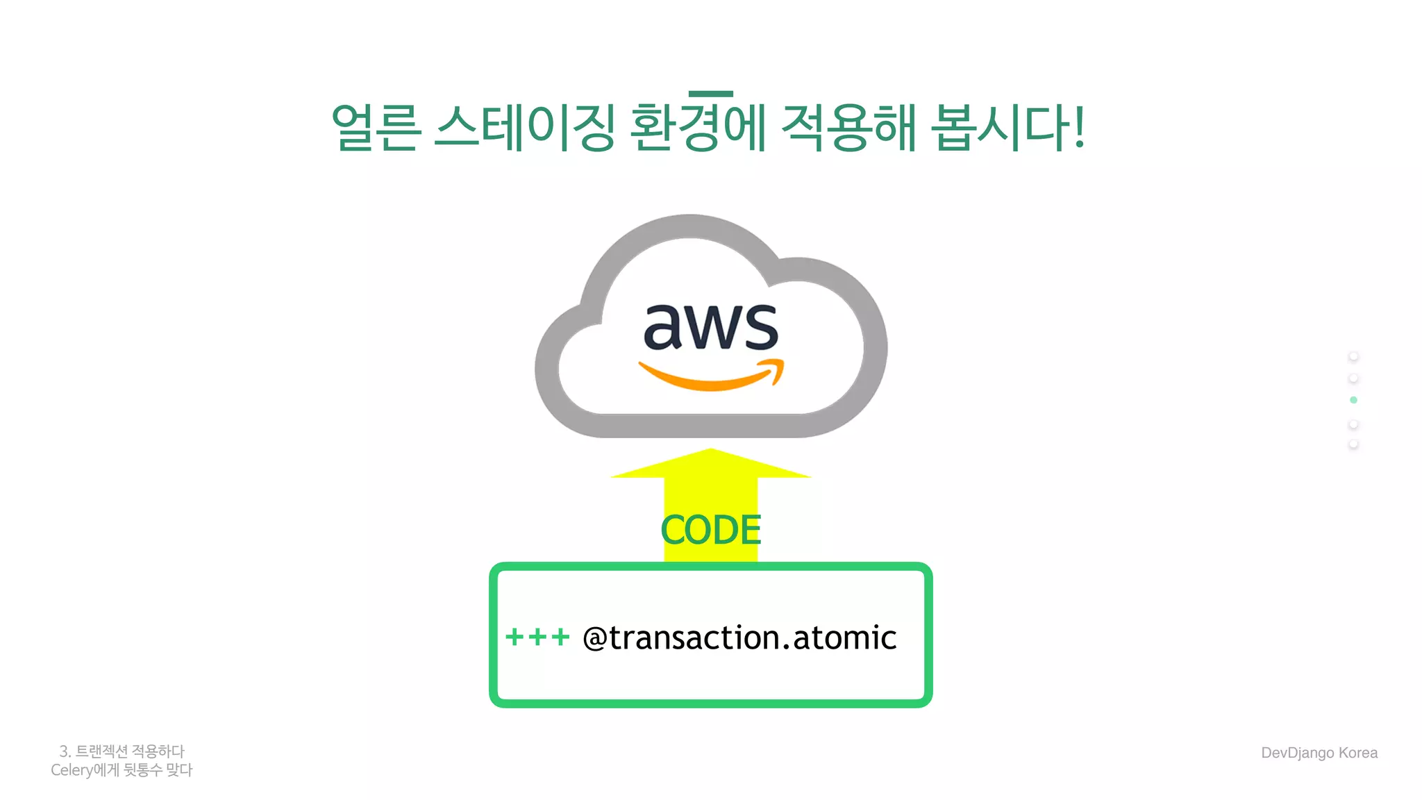 3. 트랜젝션 적용하다
Celery에게 뒷통수 맞다
얼른 스테이징 환경에 적용해 봅시다!
+++ @transaction.atomic
CODE
DevDjango Korea
 